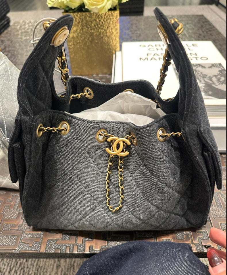 Chanel Hobo Denim Black with Brand Box