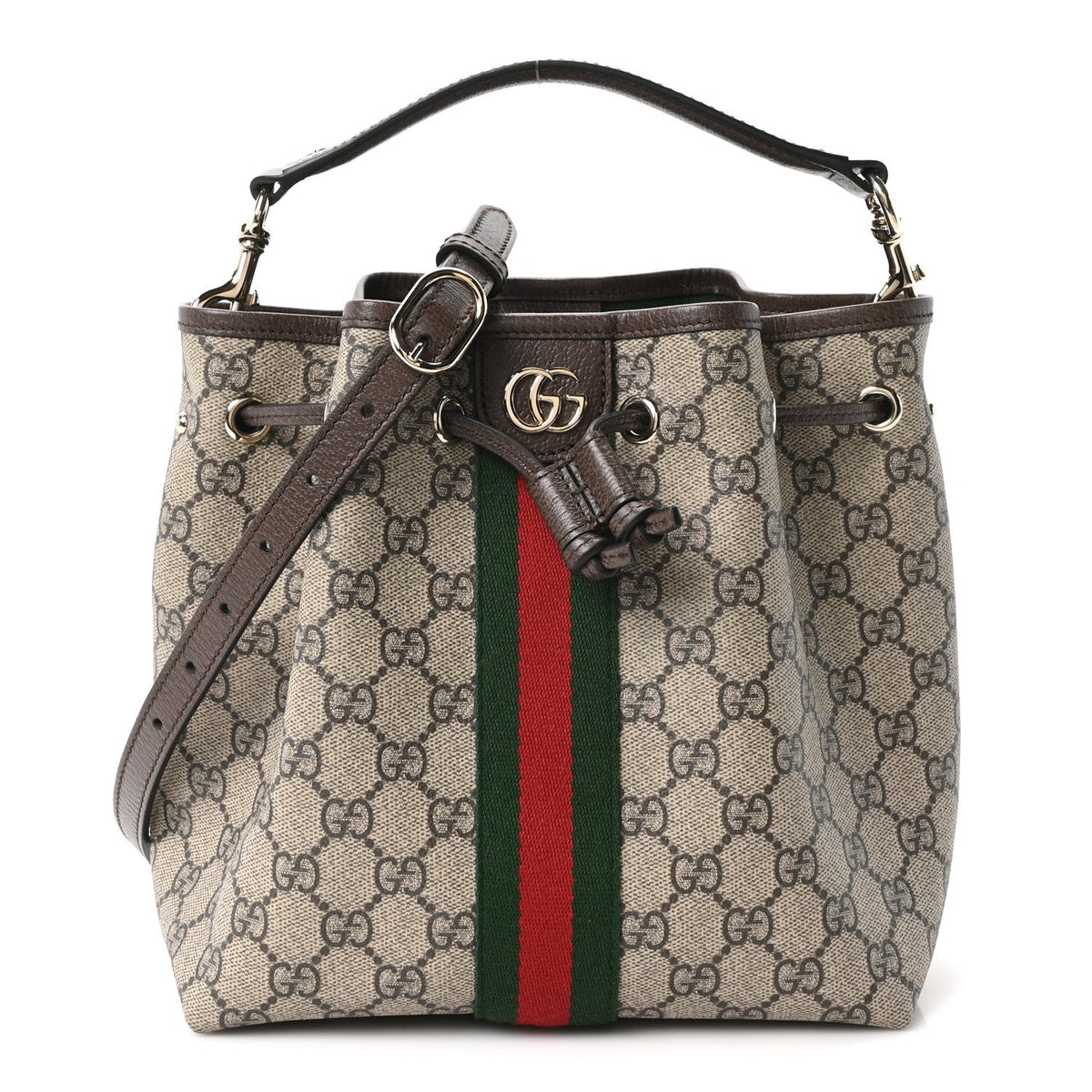 GG Supreme Monogram Web Small Ophidia Top Handle Bucket Bag Brown