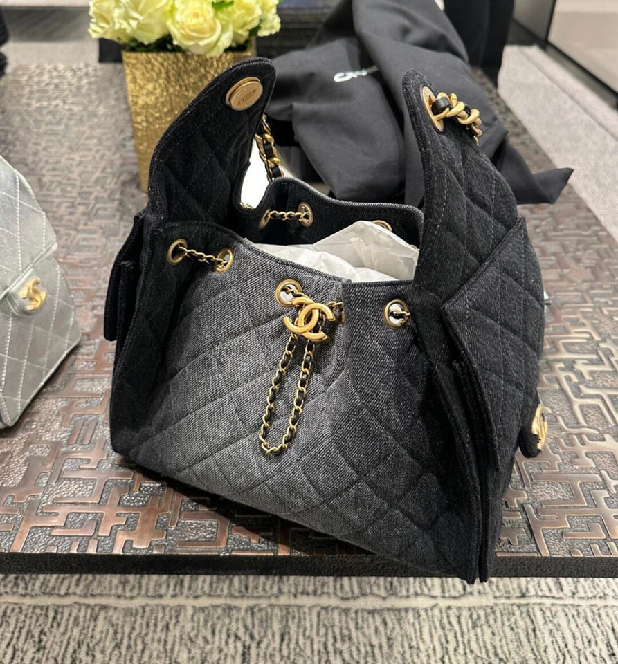 Chanel Hobo Denim Black with Brand Box