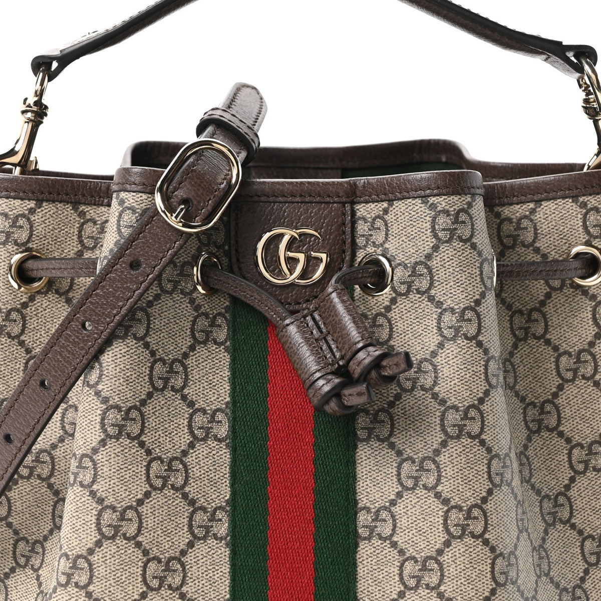 GG Supreme Monogram Web Small Ophidia Top Handle Bucket Bag Brown