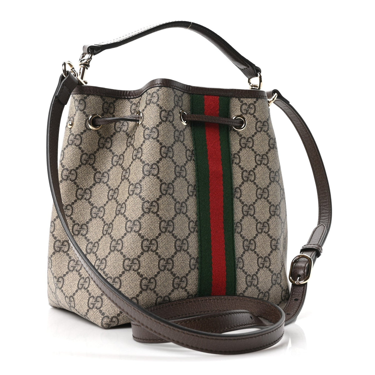 GG Supreme Monogram Web Small Ophidia Top Handle Bucket Bag Brown