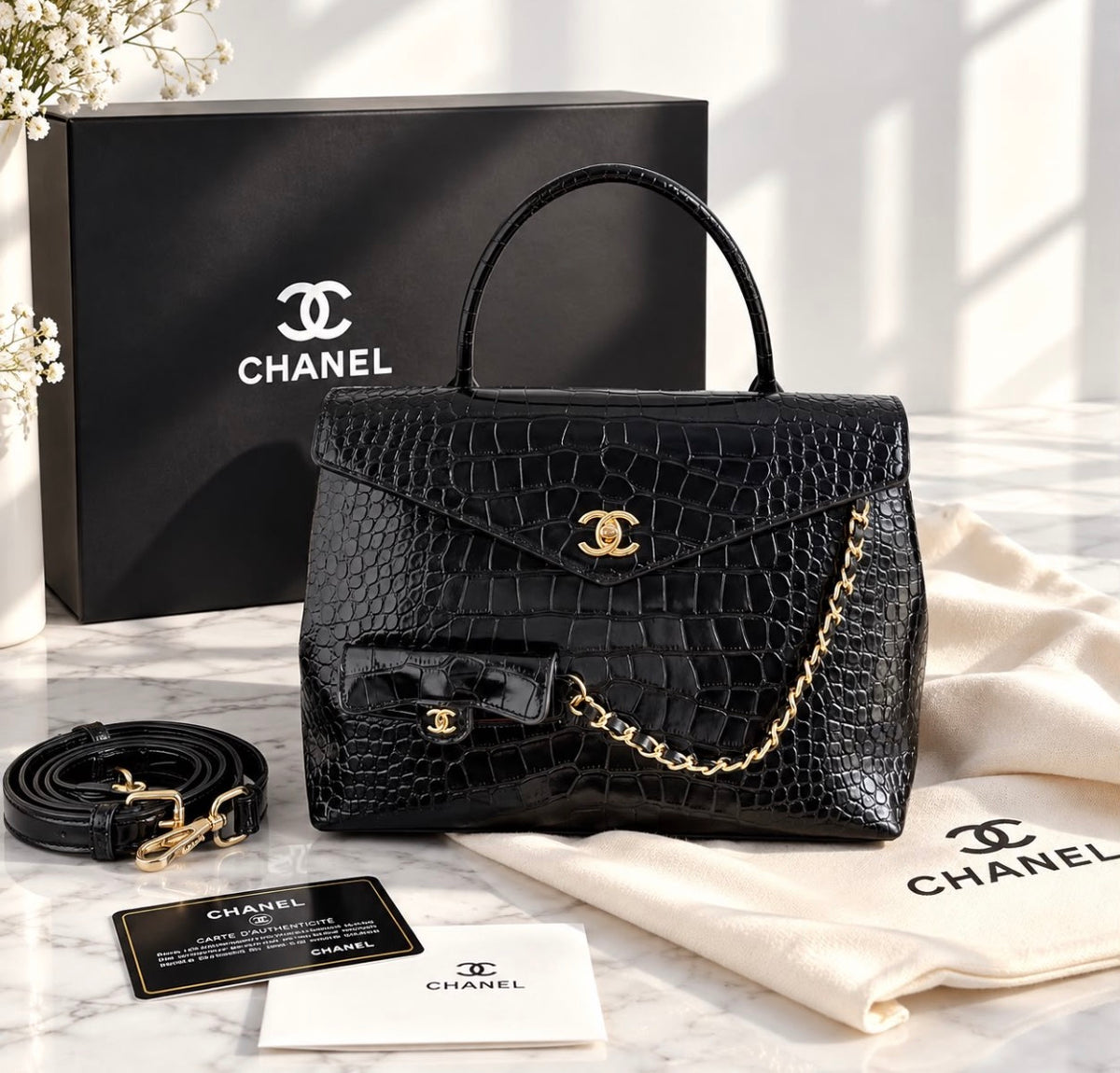 CHANEL Maxi Flap Bag with Top Handle Geniune Leather