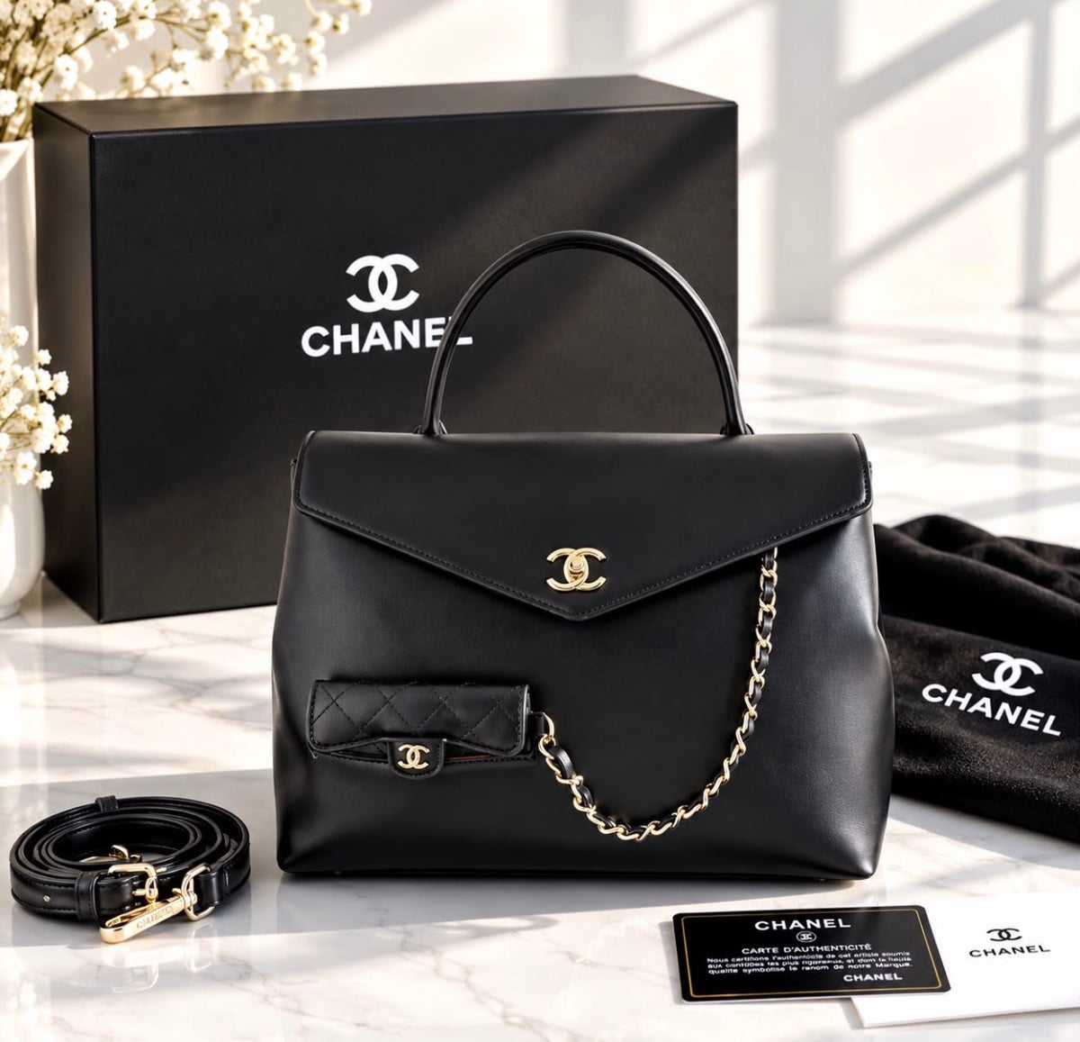CHANEL Maxi Flap Bag with Top Handle Geniune Leather